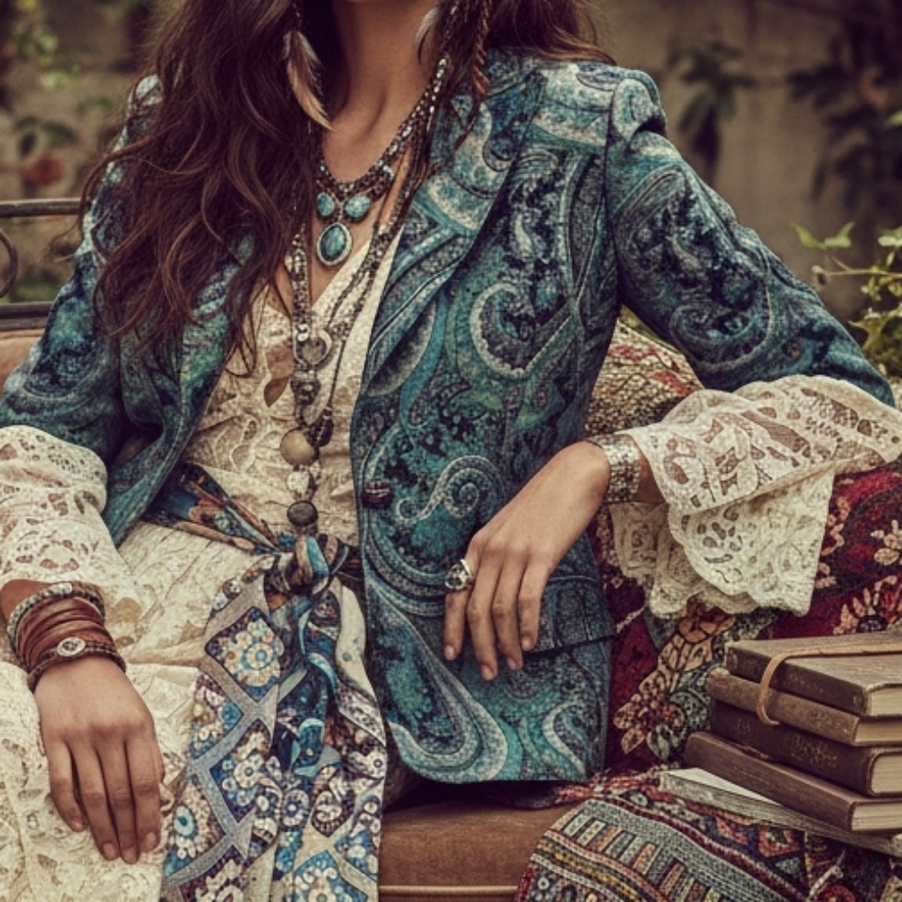 Vintage Teal and Black Paisley Jacket Bohochic Size L